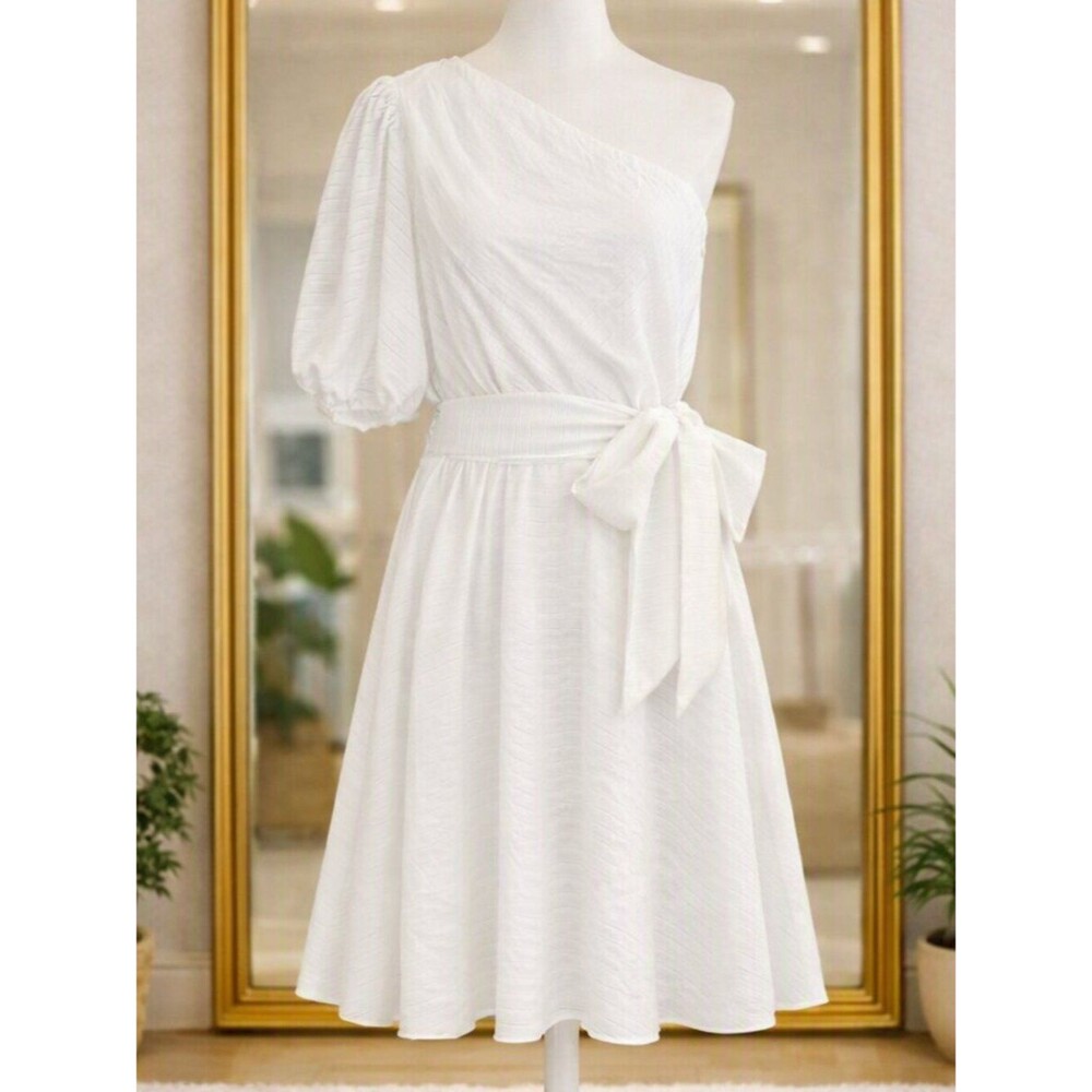 Nine West Women's One Shoulder Belted Dress White Size Medium